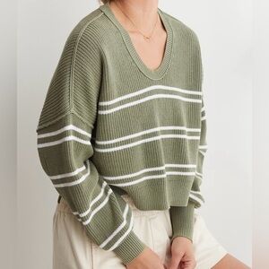 Aerie Women Small S Oversized Beyond Cropped Sweater Olive Green Stripe Shirt AE